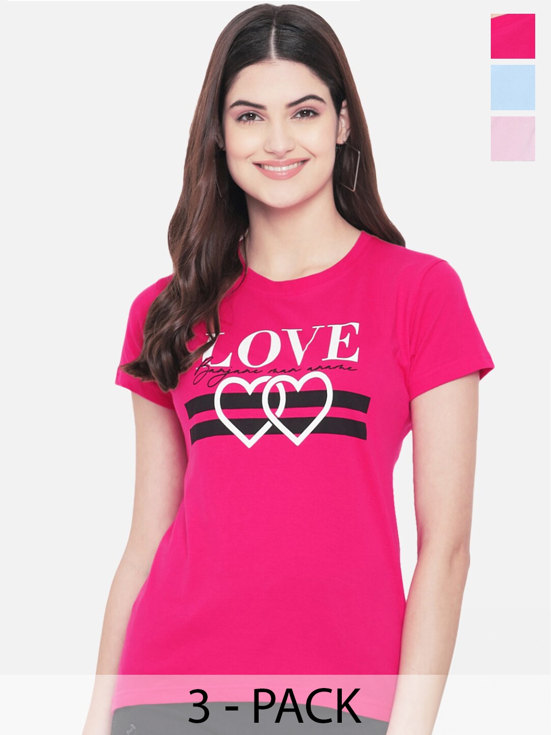 

Fabflee Pack Of 3 Graphic Printed Round Neck Short Sleeves Cotton T-Shirt, Rose
