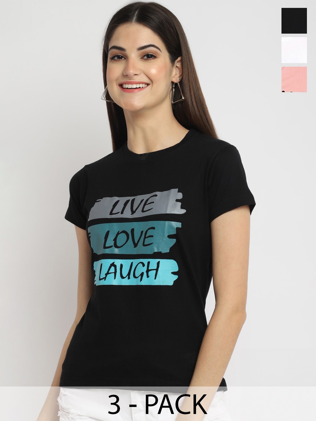 

Fabflee Pack Of 3 Typography Printed Cotton T-shirt, Black