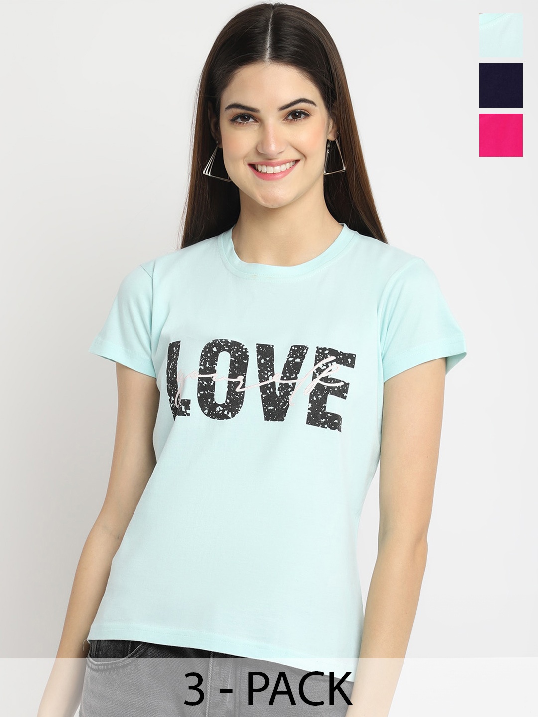 

Fabflee Pack Of 3 Typography Printed Cotton T-shirt, Blue