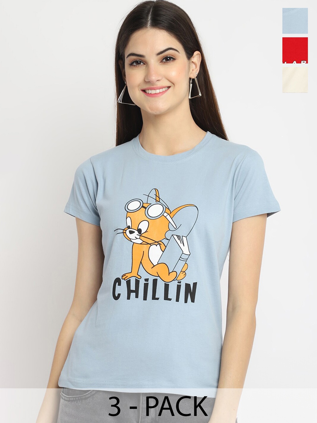 

Fabflee Pack Of 3 Printed Cotton T-shirt, Blue