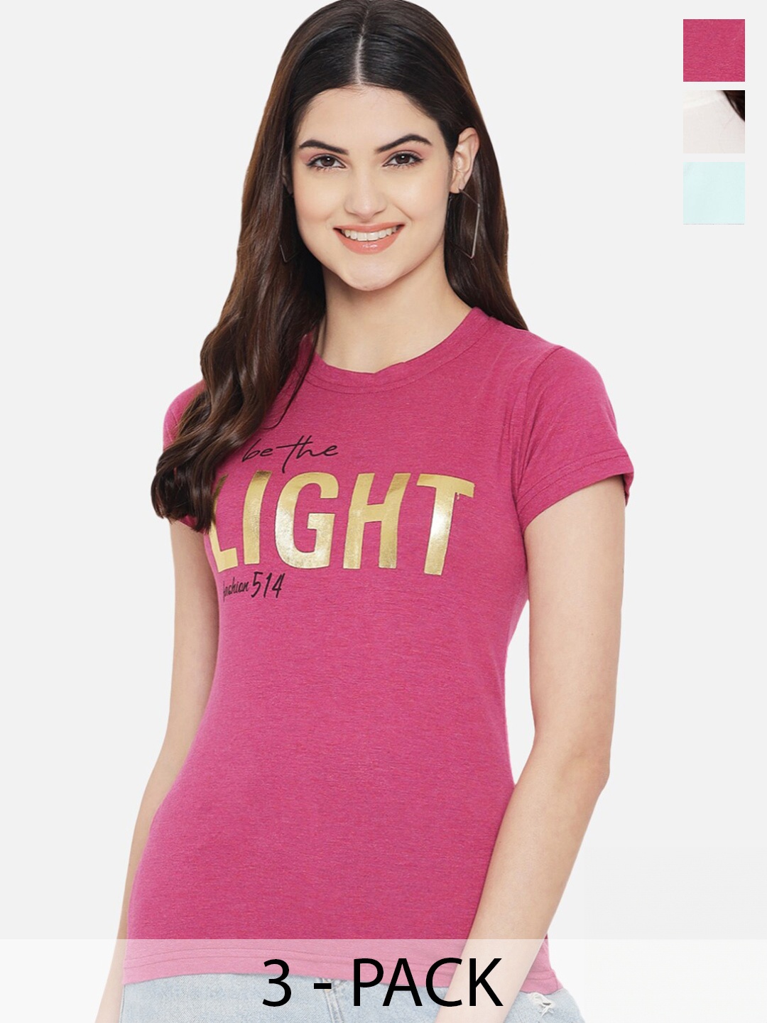 

Fabflee Pack Of 3 Typography Printed Regular Fit Pure Cotton Casual T-Shirt, Pink