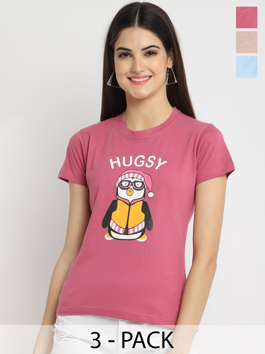 

Fabflee Pack Of 3 Graphic Printed Cotton T-shirt, Mauve