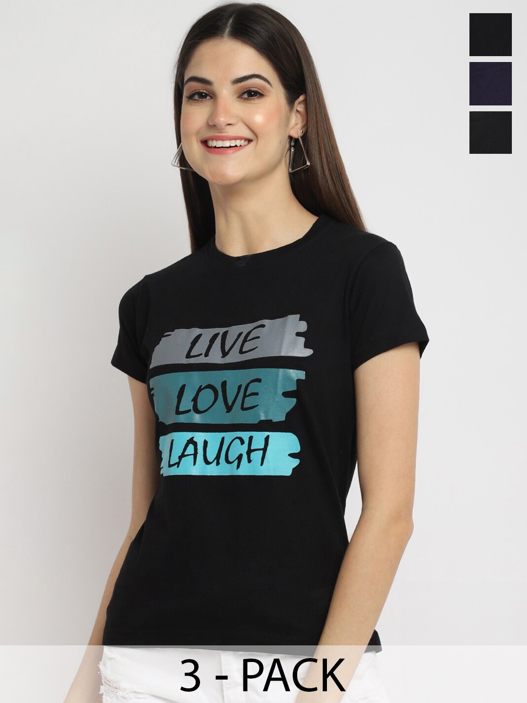 

Fabflee Pack Of 3 Typography Printed Cotton T-shirt, Black