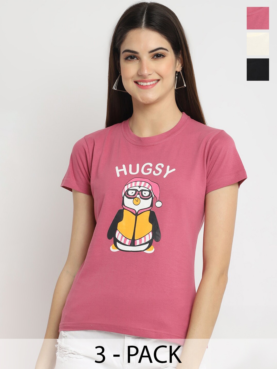 

Fabflee Pack Of 3 Typography Printed Cotton T-shirt, Pink