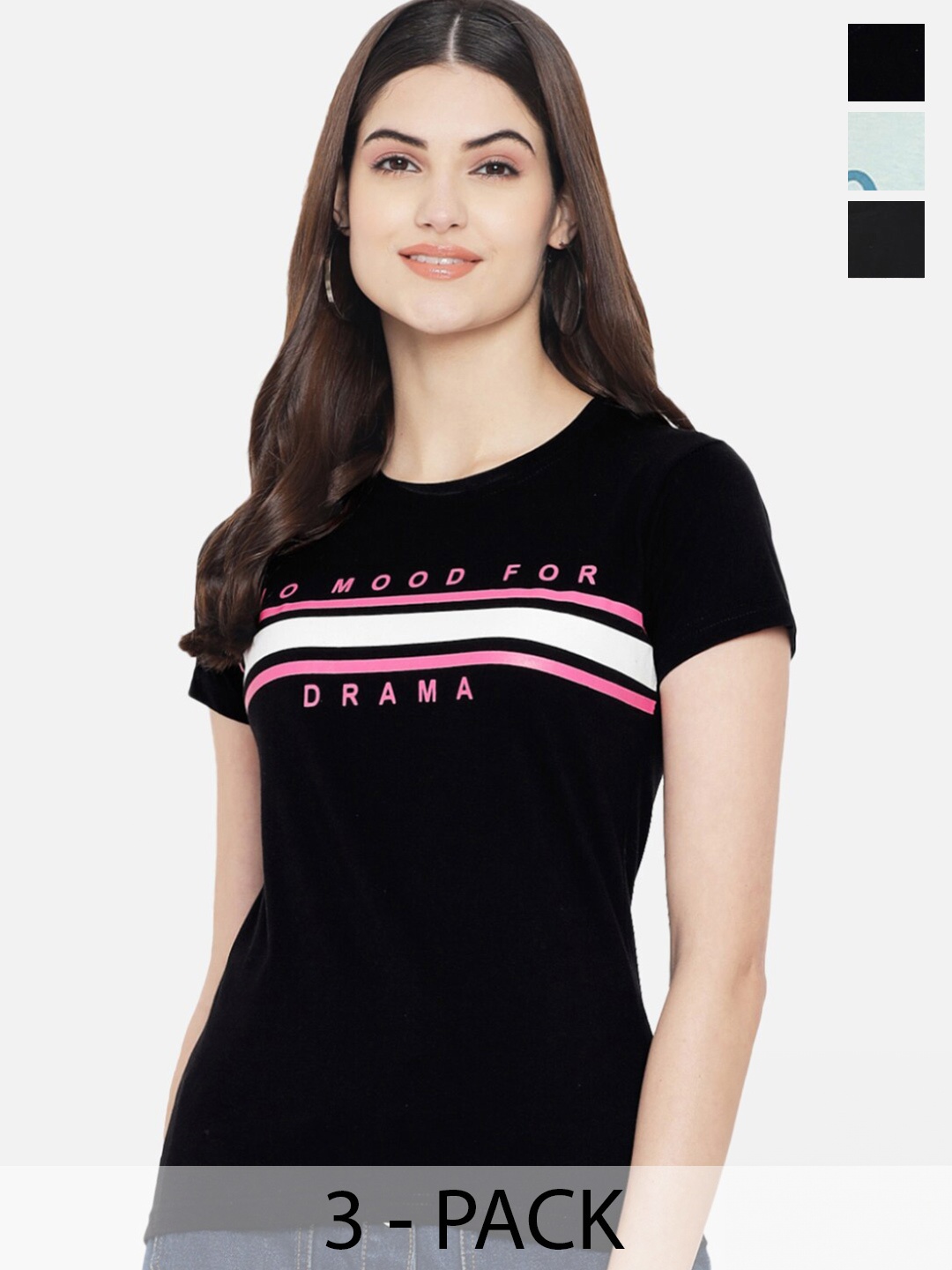 

Fabflee Pack Of 3 Graphic Printed Cotton T-shirt, Black