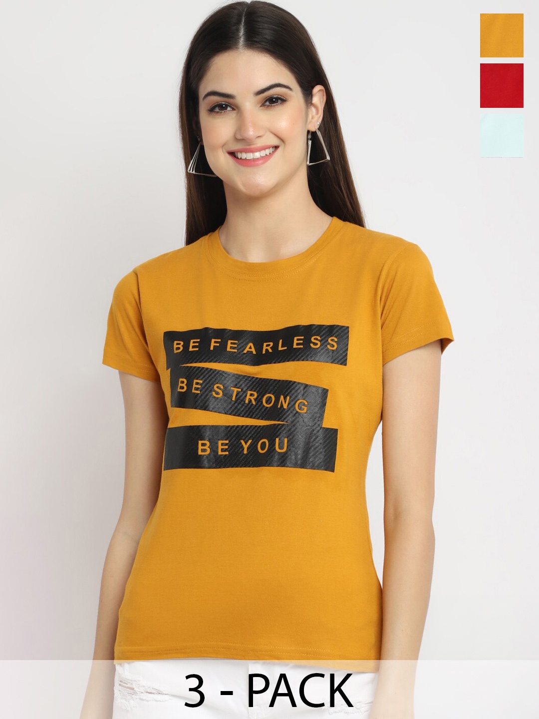 Fabflee Pack Of 2 Typography Printed Cotton T-Shirt, Yellow