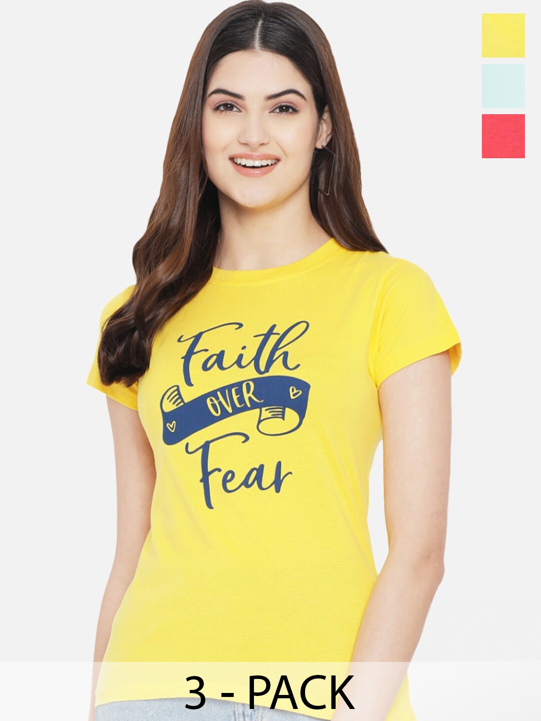 

Fabflee Pack Of 3 Typography Printed Cotton T-shirt, Yellow