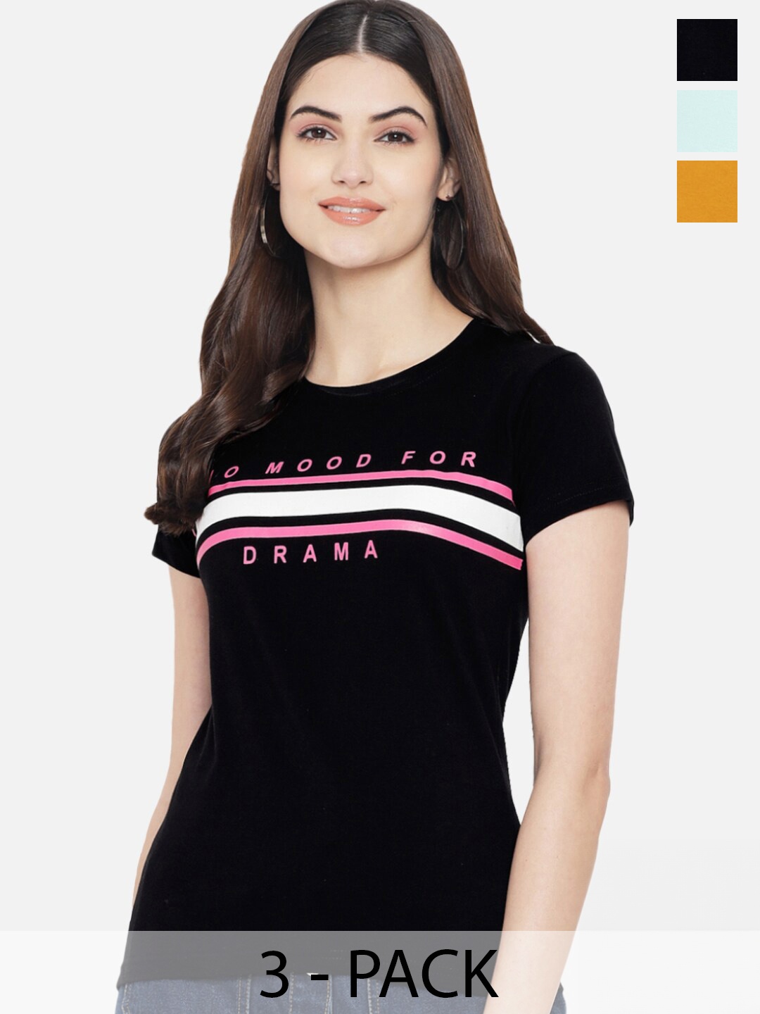 

Fabflee Pack Of 3 Typography Printed Cotton T-shirt, Black