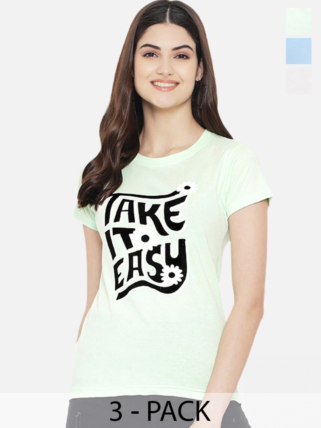 

Fabflee Pack Of 3 Typography Printed Regular Fit Pure Cotton Casual T-Shirt, Green