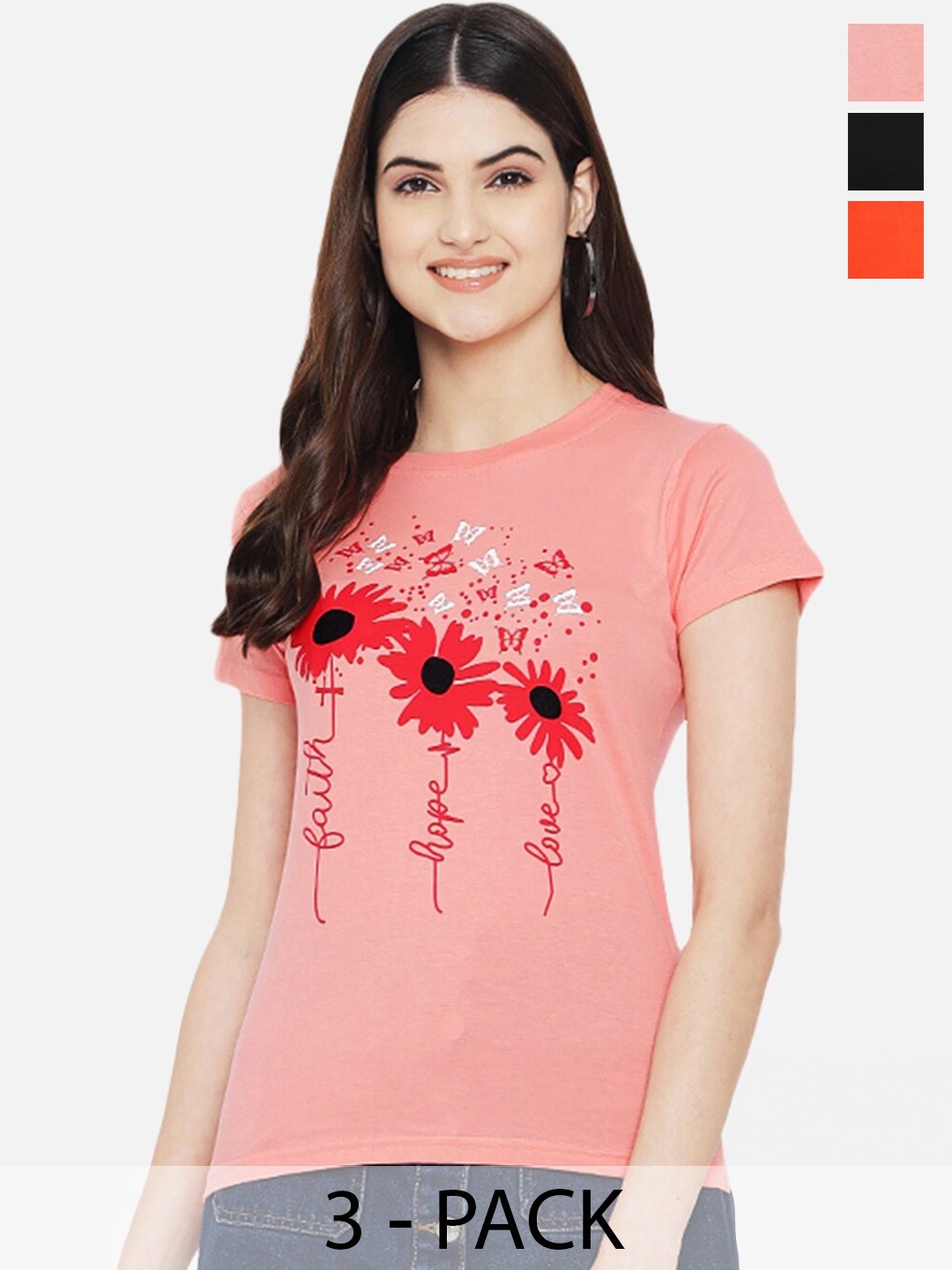 Fabflee Pack Of 3 Typography Printed Cotton T-shirt, Pink