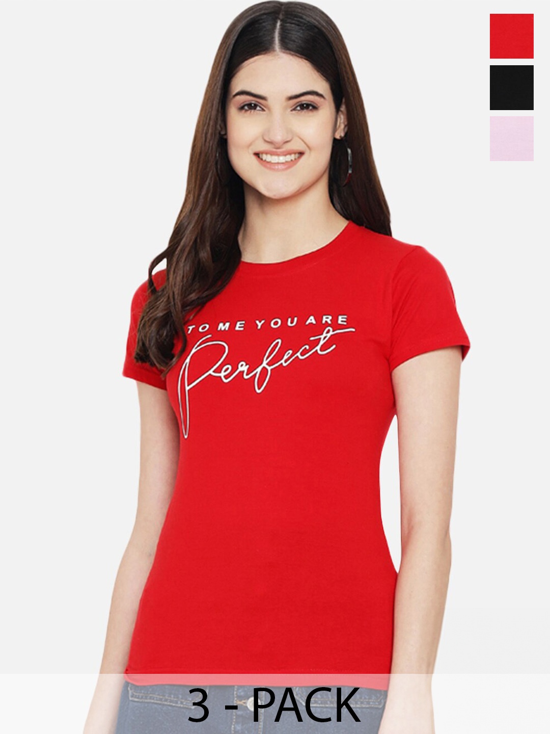 

Fabflee Pack Of 3 Typography Printed Cotton T-shirt, Multi