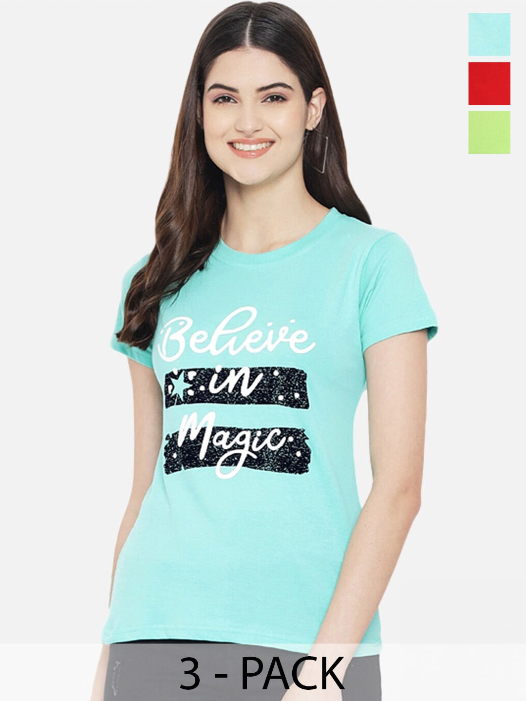 

Fabflee Pack Of 3 Typography Printed Cotton T-shirt, Blue