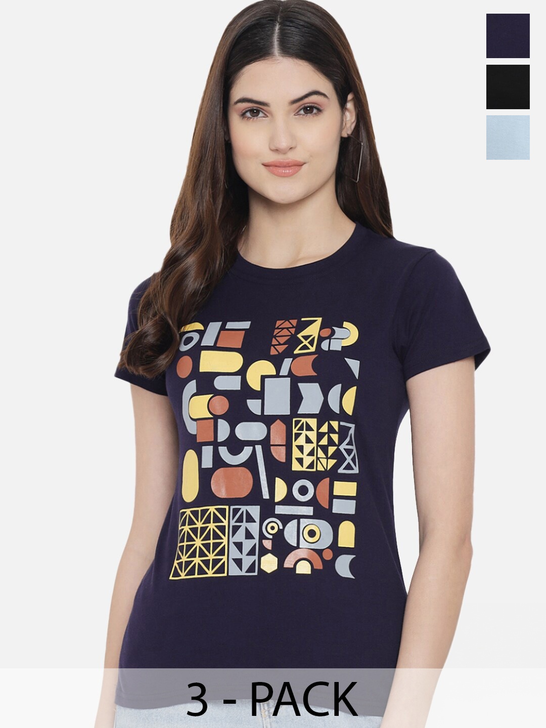 

Fabflee Pack Of 3 Graphic Printed Cotton T-shirt, Navy blue
