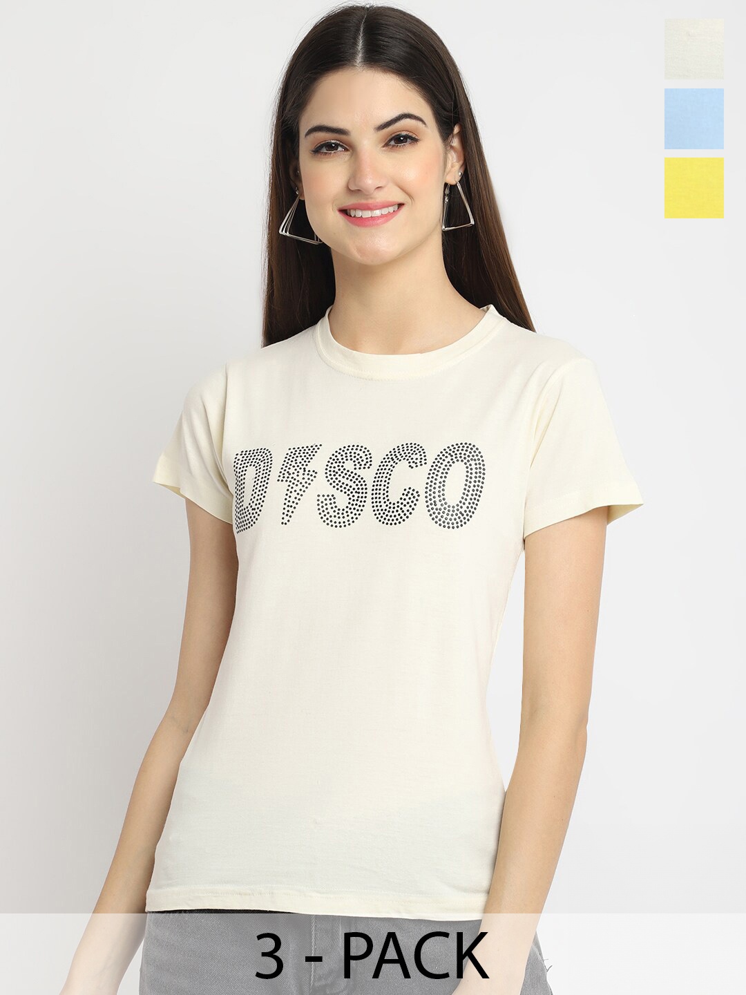 

Fabflee Pack Of 3 Typography Printed Cotton T-shirt, Cream