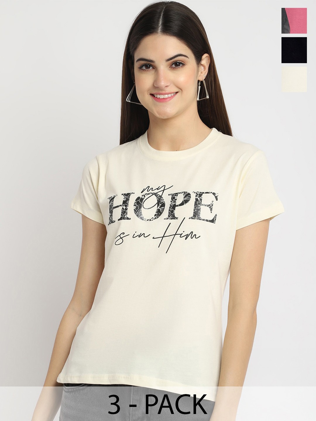 

Fabflee Pack Of 3 Typography Printed Cotton T-Shirt, Beige