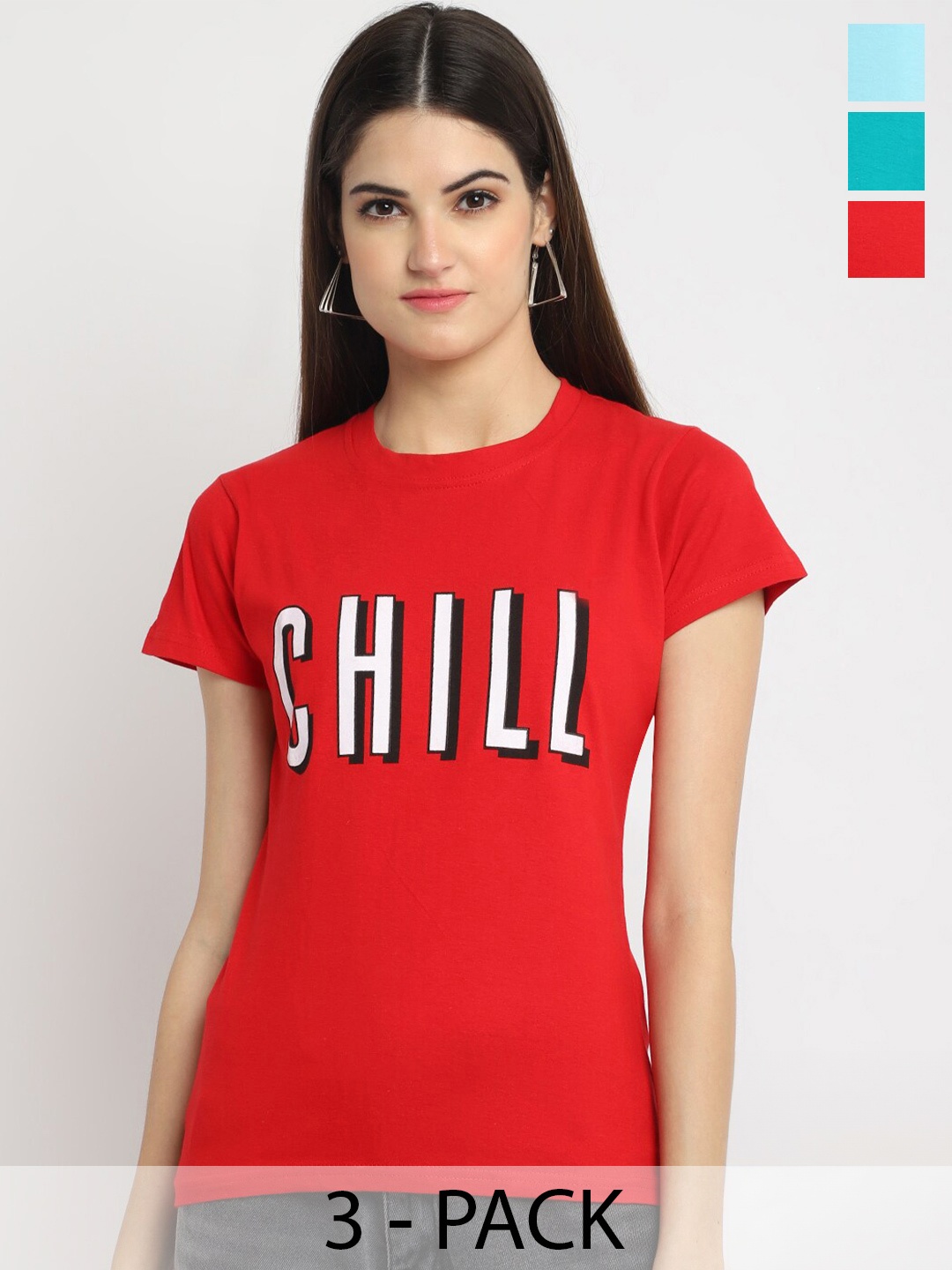 

Fabflee Pack Of 3 Typography Printed Cotton T-Shirt, Red
