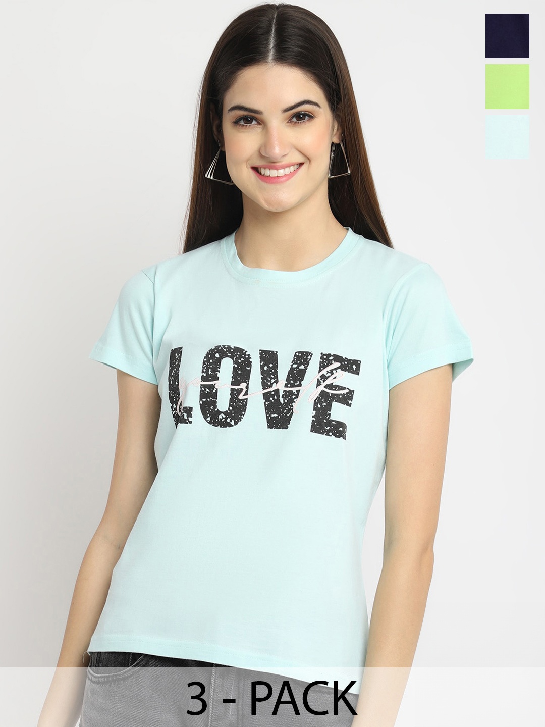 

Fabflee Regular Fit Pack Of 3 Printed Round Neck Cotton T-shirt, Blue