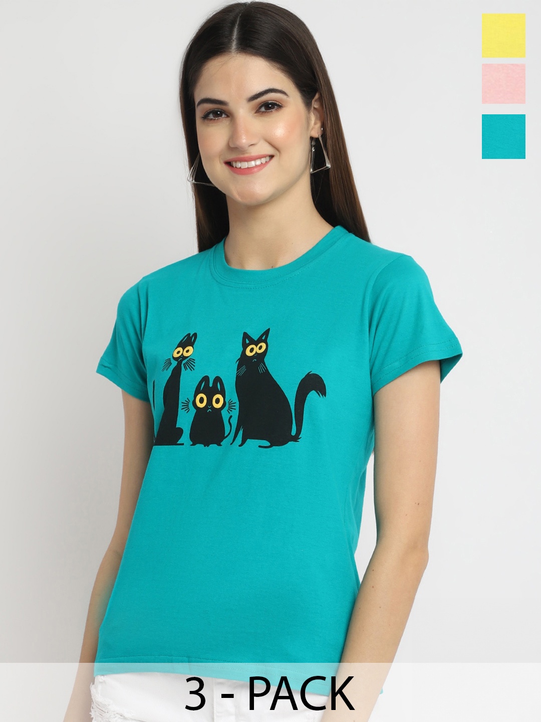 

Fabflee Pack Of 3 Typography Printed Cotton T-shirt, Green