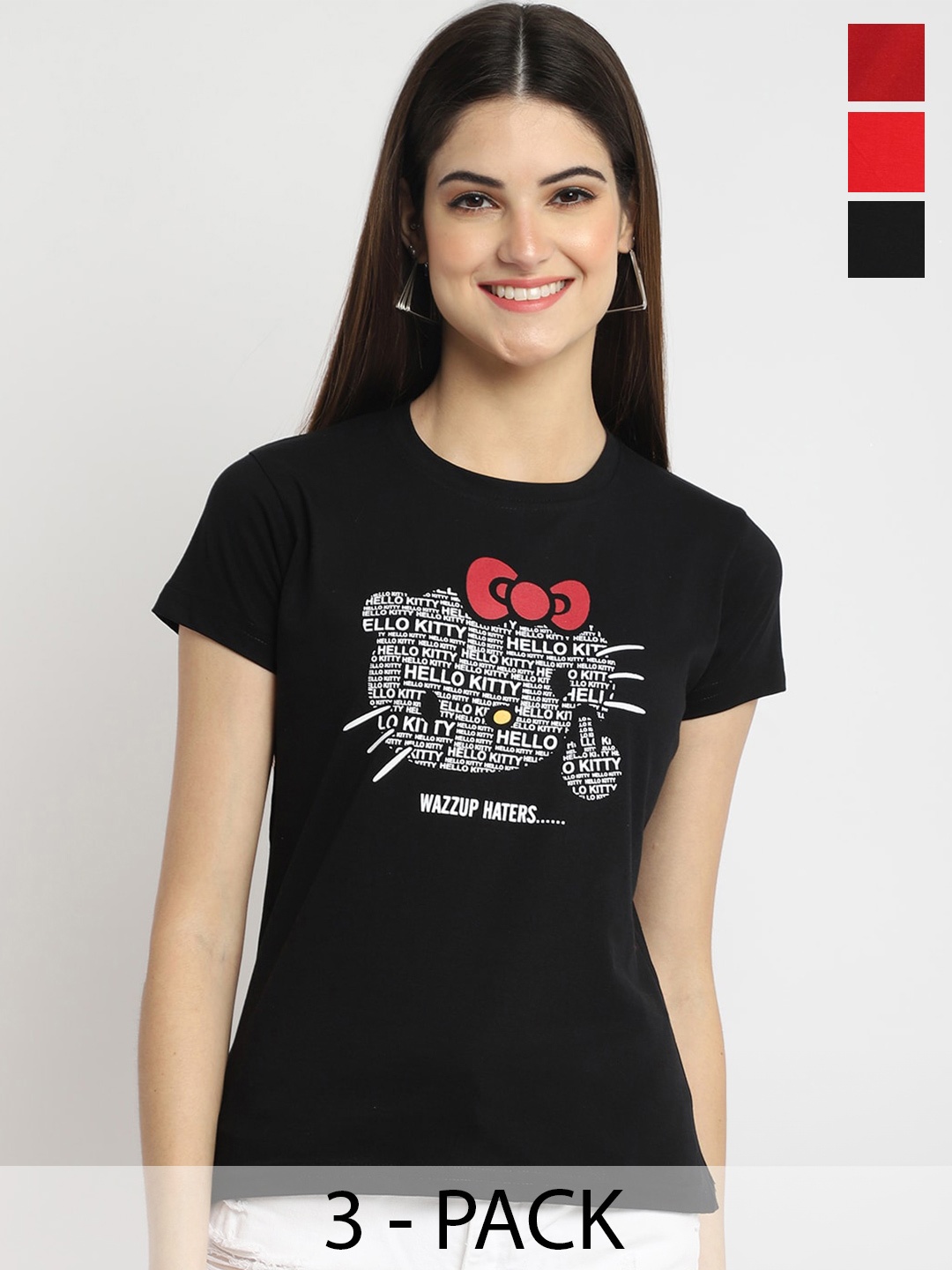 

Fabflee Pack Of 3 Printed Round Neck Cotton Regular T-shirt, Black