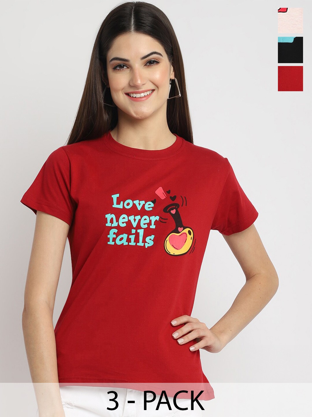 

Fabflee Pack Of 3 Printed Round Neck Cotton Regular T-shirt, Red