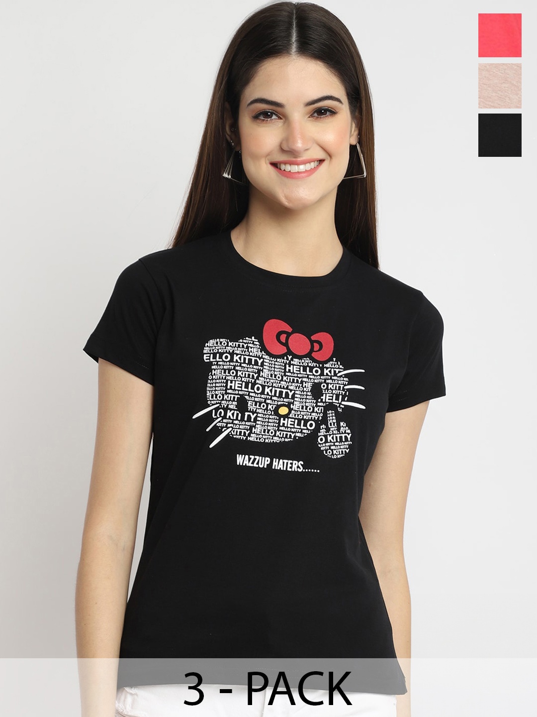 

Fabflee Pack Of 3 Typography Printed Cotton T-shirt, Black