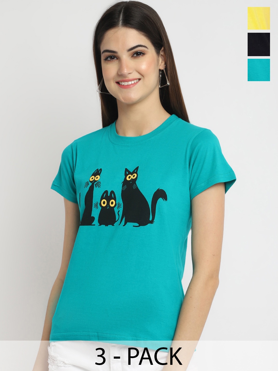 

Fabflee Pack Of 3 Graphic Printed Cotton T-shirt, Turquoise blue