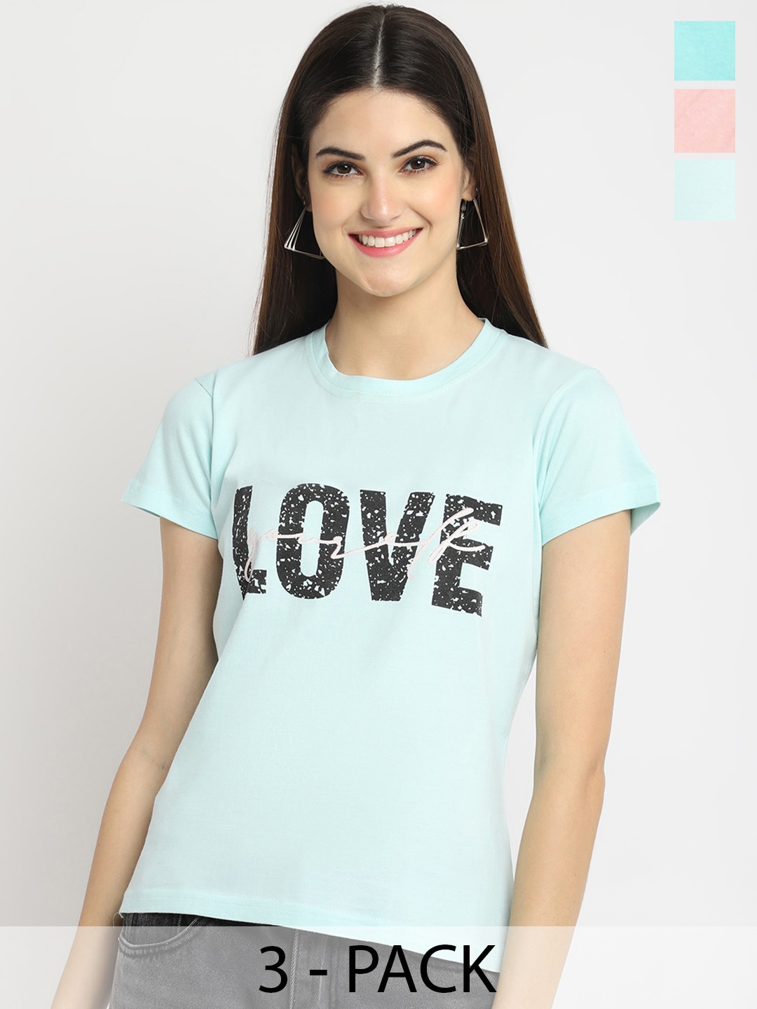 

Fabflee Pack Of 3 Typography Printed Cotton T-shirt, Blue