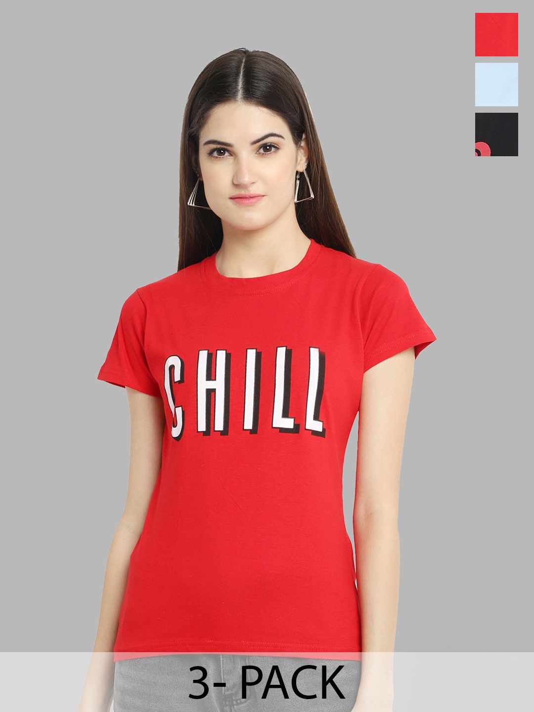 

Fabflee Pack Of 3 Typography Printed Pure Cotton T-shirt, Red