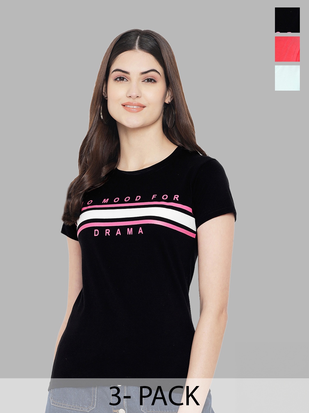 

Fabflee Pack Of 3 Typography Printed Pure Cotton T-shirt, Black