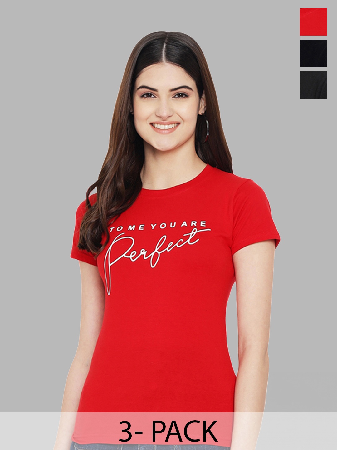 

Fabflee Pack Of 3 Typography Printed Cotton T-shirt, Red