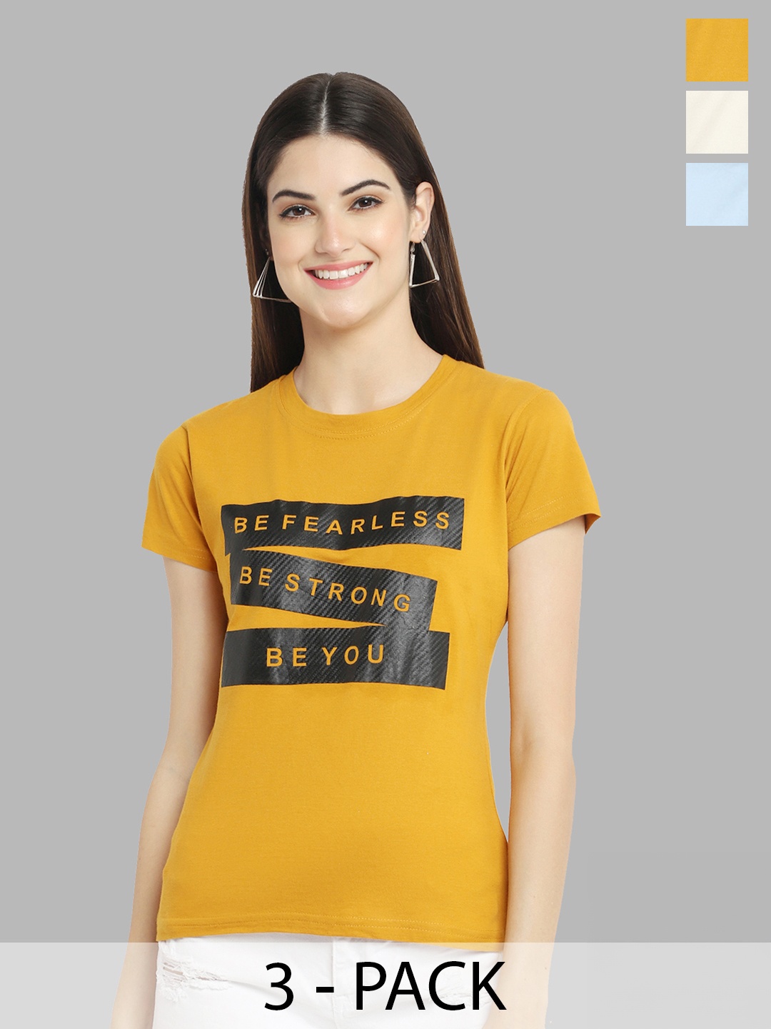 Fabflee Pack Of 3 Typography Printed Pure Cotton T-shirt, Mustard
