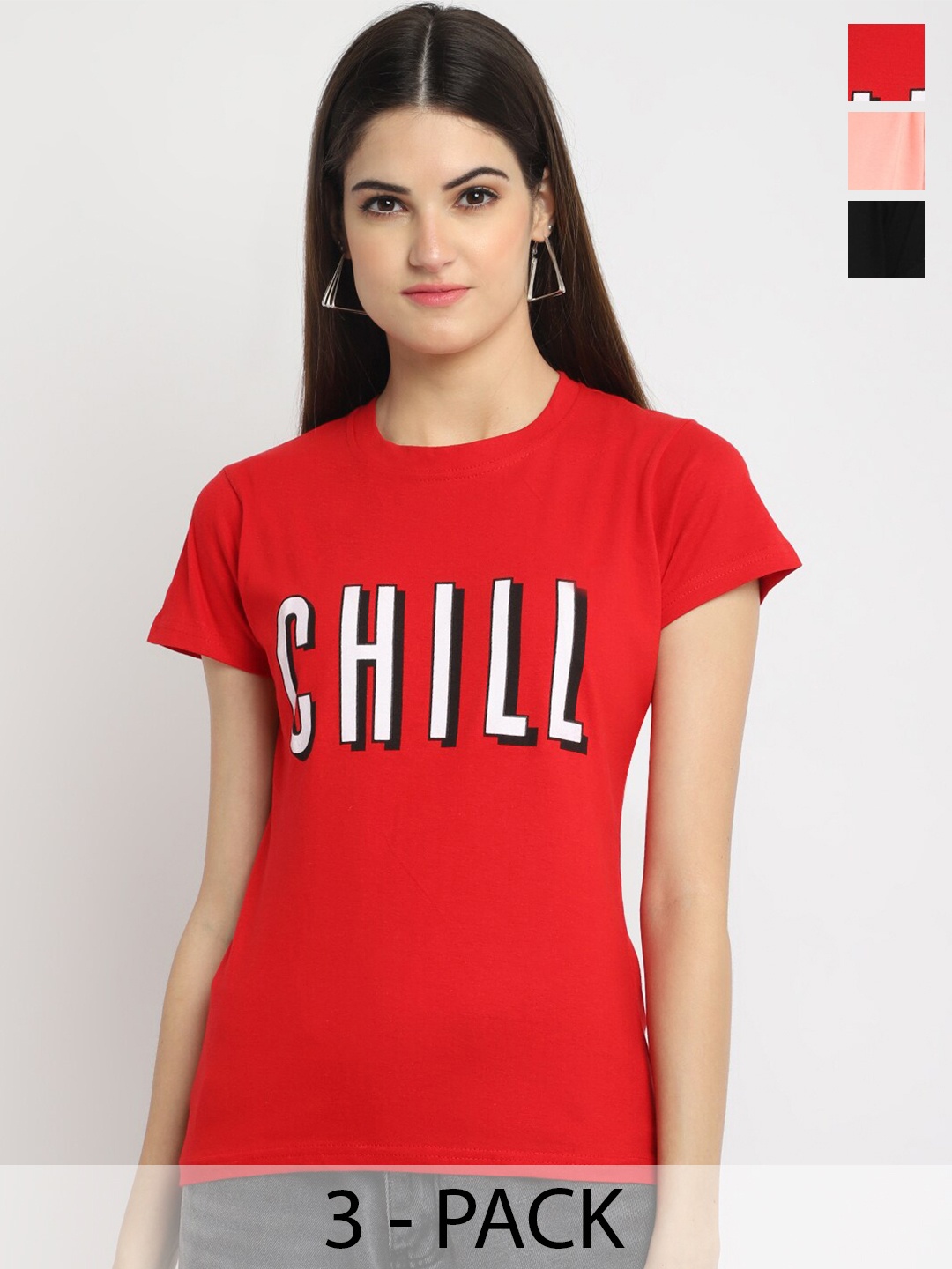 Fabflee Pack of 3 Typography Printed Cotton T-shirts, Red