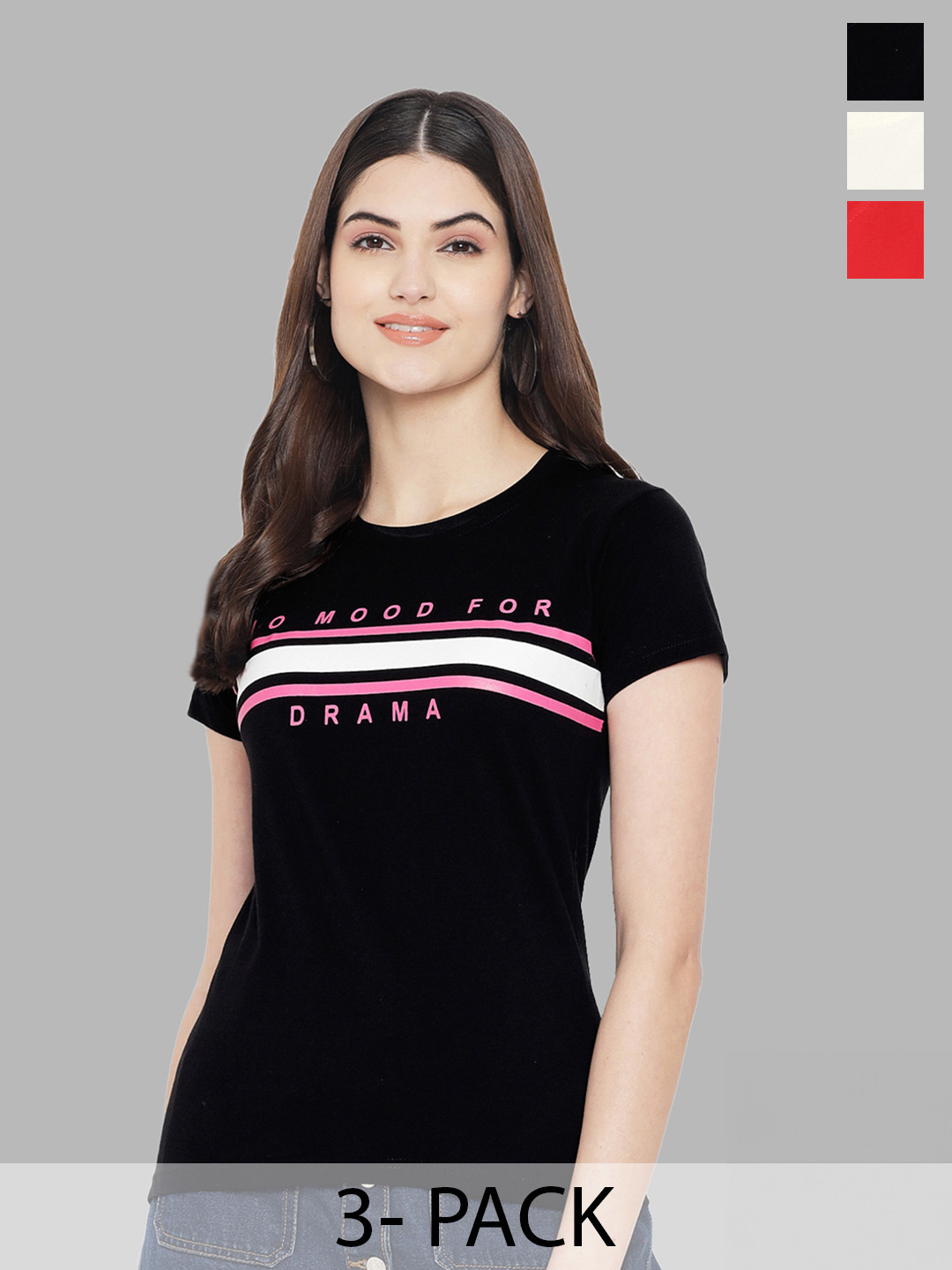 

Fabflee Pack Of 3 Typography Printed Pure Cotton T-shirt, Black