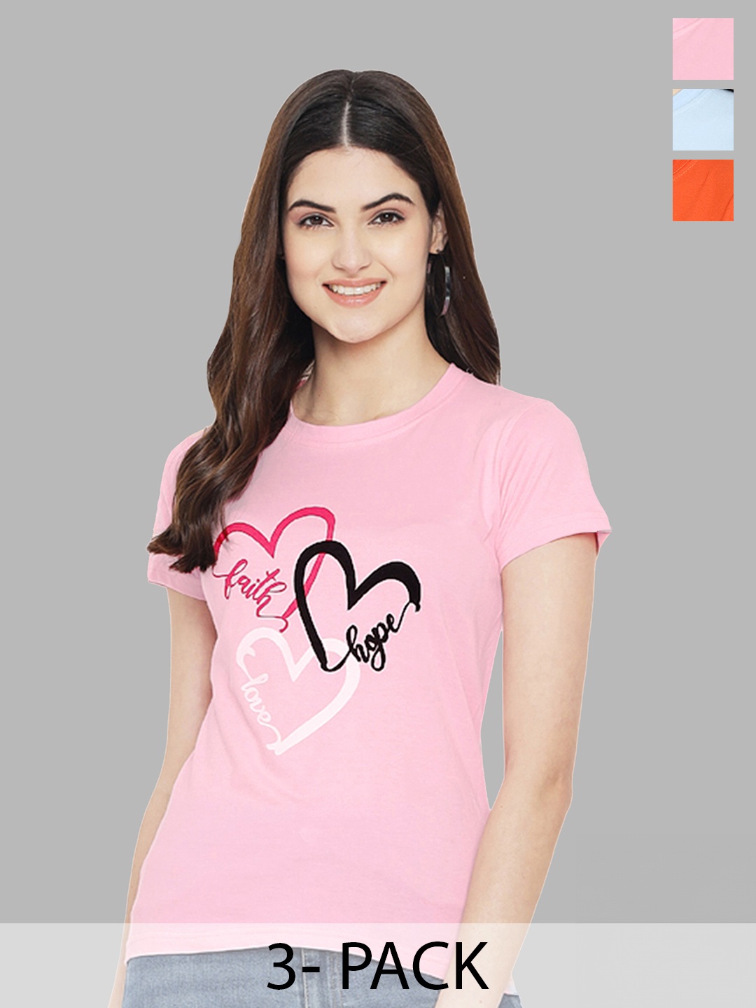 

Fabflee Pack Of 3 Typography Printed Pure Cotton T-shirt, Pink