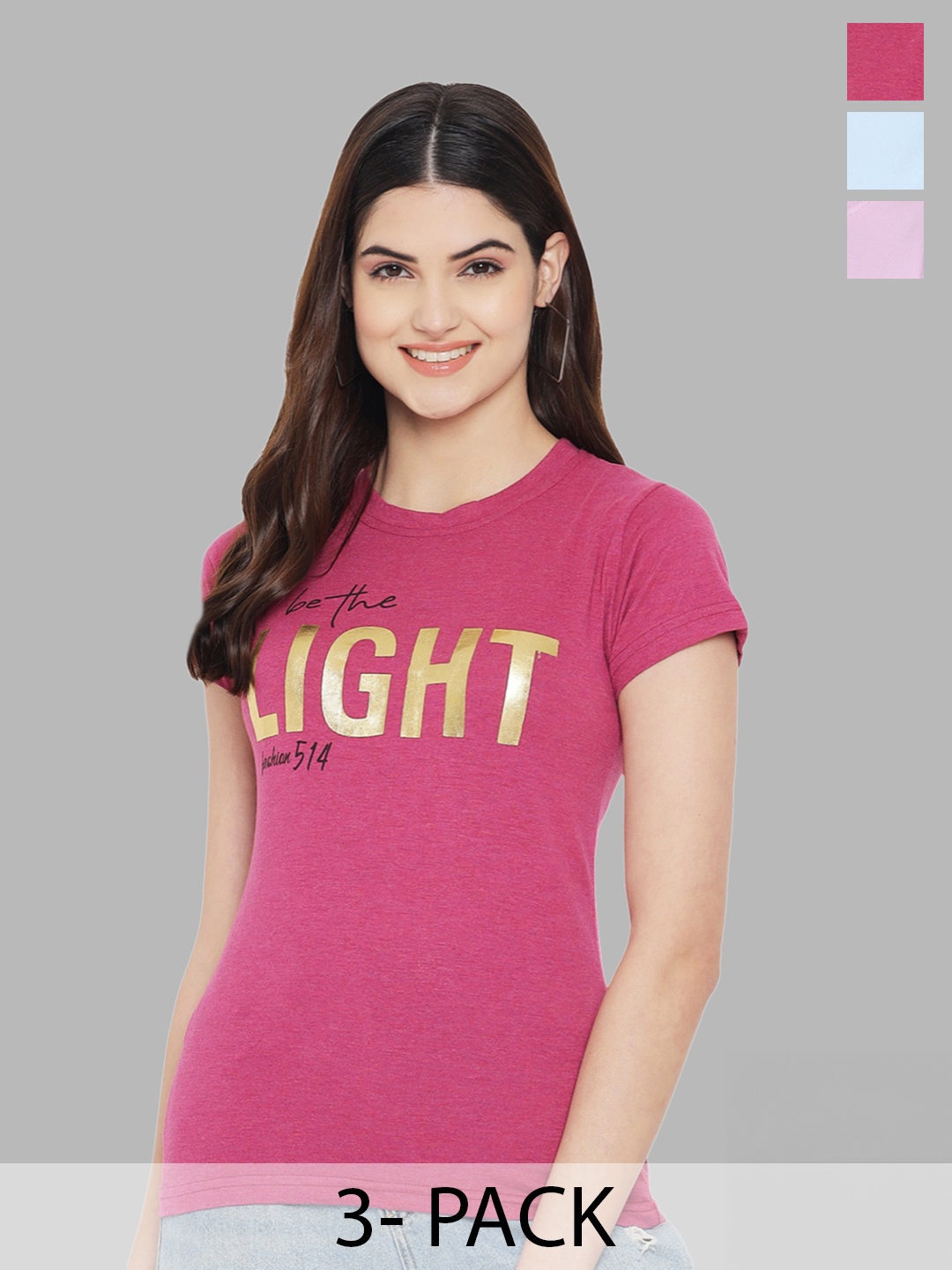 Fabflee Pack Of 3 Typography Printed Pure Cotton T-shirt, Pink