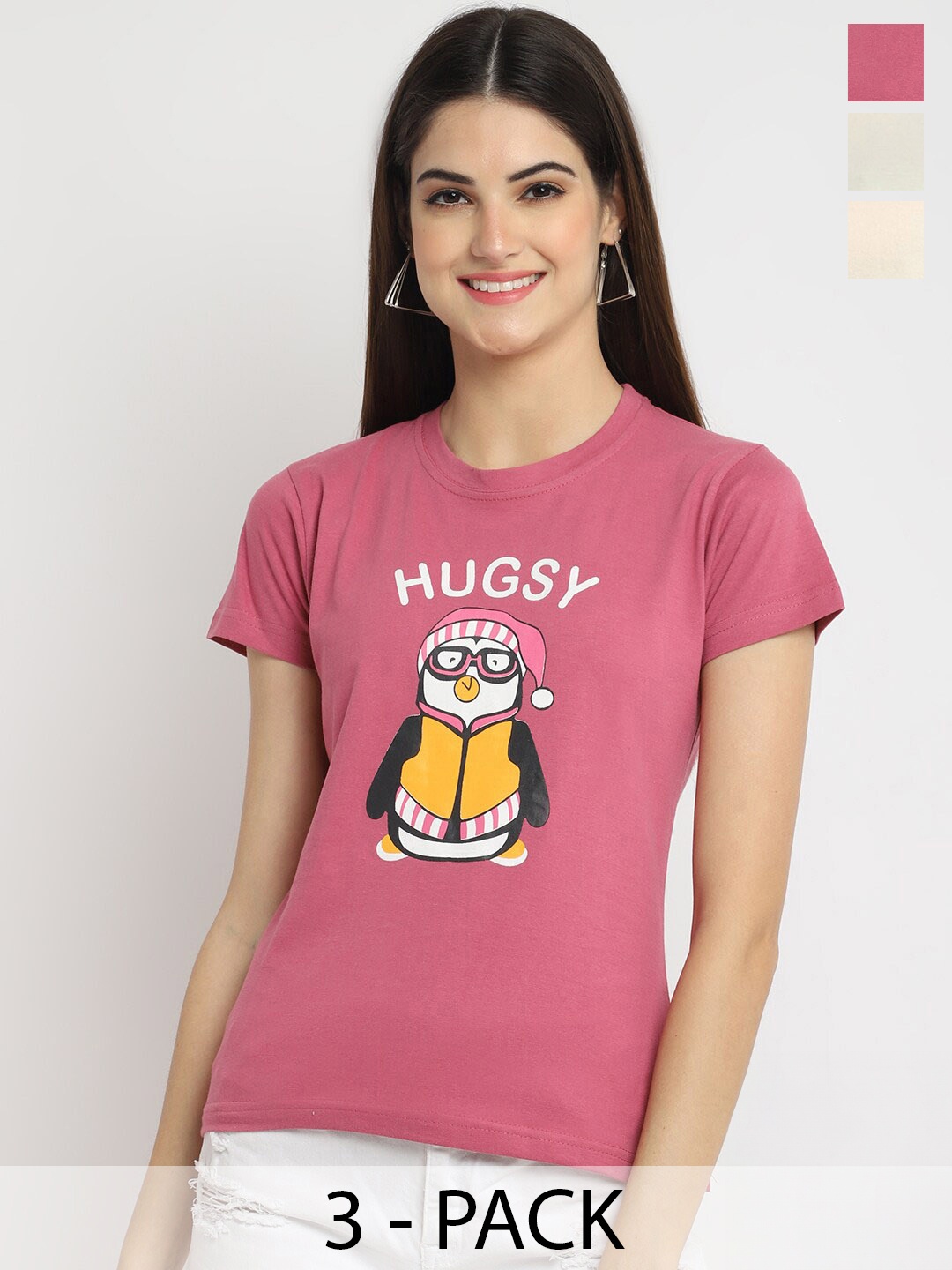 

Fabflee Pack Of 3 Graphic Printed Cotton T-shirt, Pink