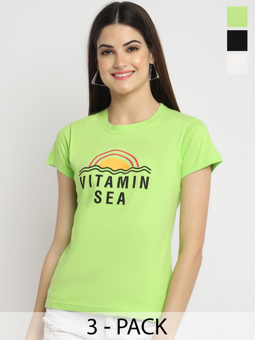 Fabflee Pack Of 3 Typography Printed Cotton T-shirt, Green