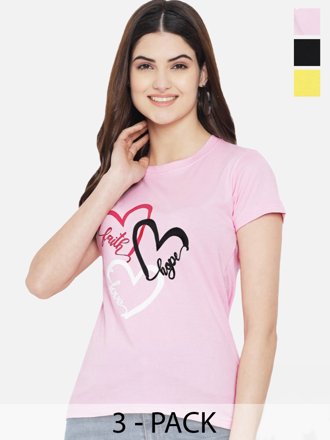 Fabflee Pack Of 3 Typography Printed Cotton T-shirt, Pink