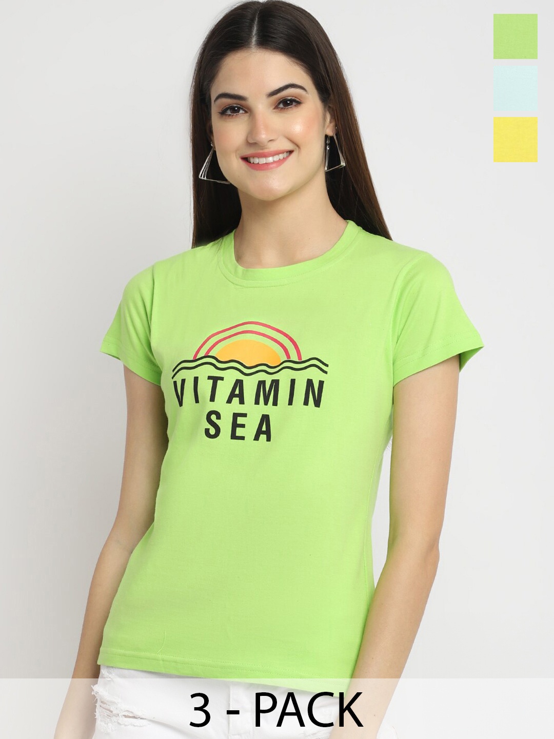 Fabflee Pack Of 3 Typography Printed Cotton T-shirt, Green