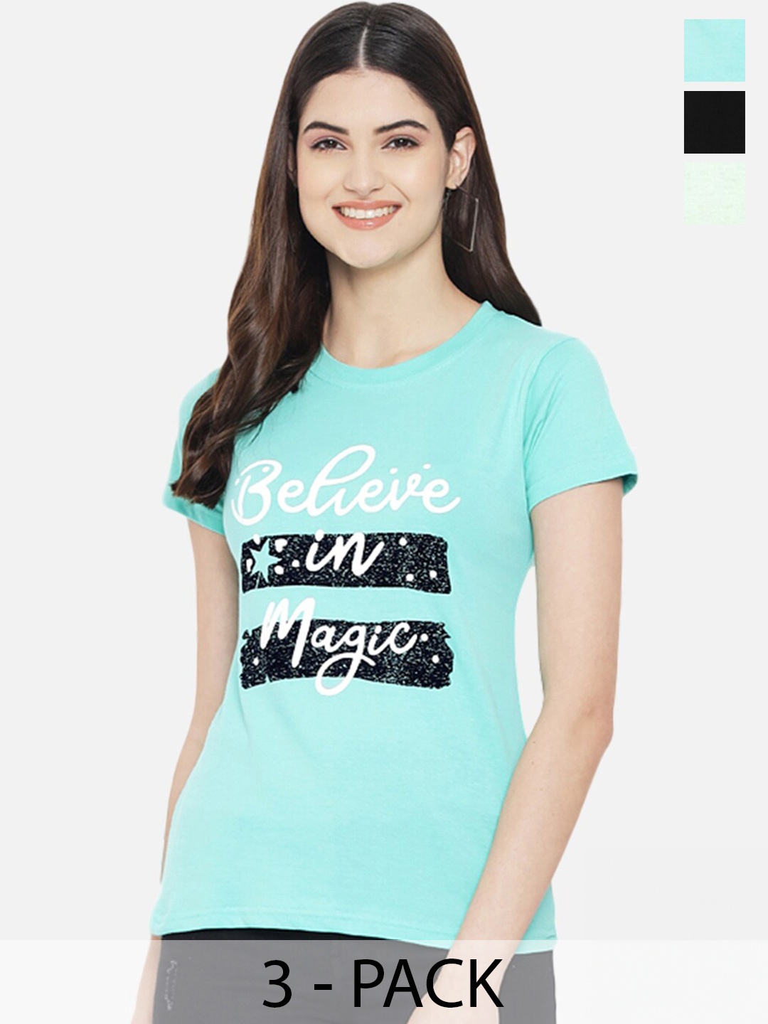 

Fabflee Pack Of 3 Typography Printed Round Neck Short Sleeves Cotton T-Shirt, Turquoise blue