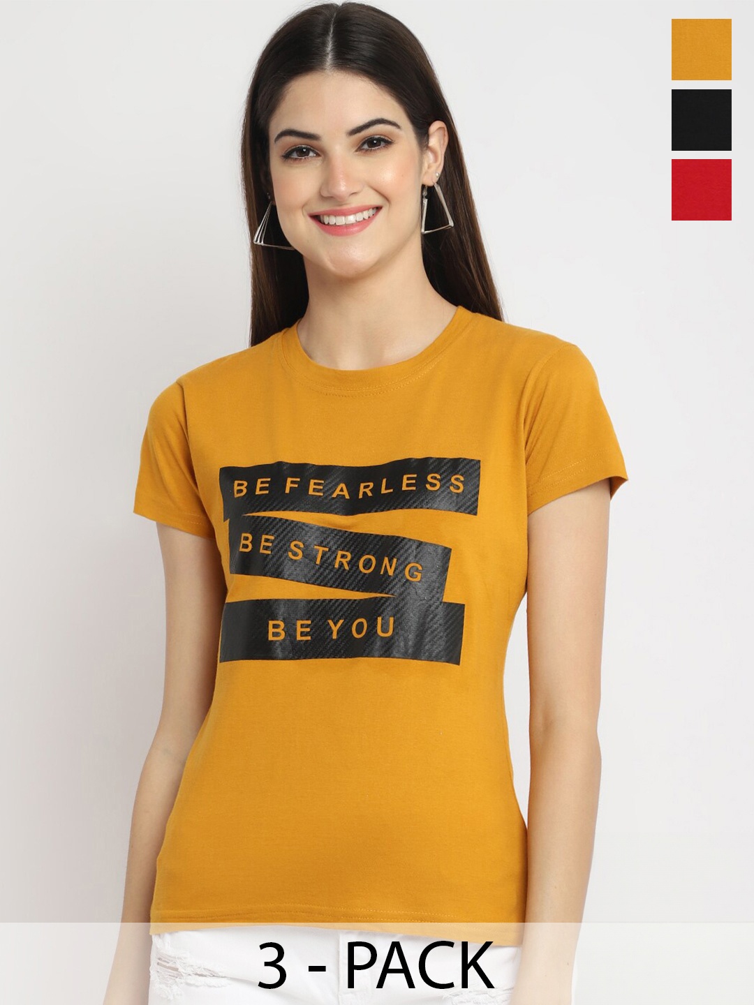 

Fabflee Pack Of 3 Printed Round Neck Cotton Regular T-shirt, Mustard