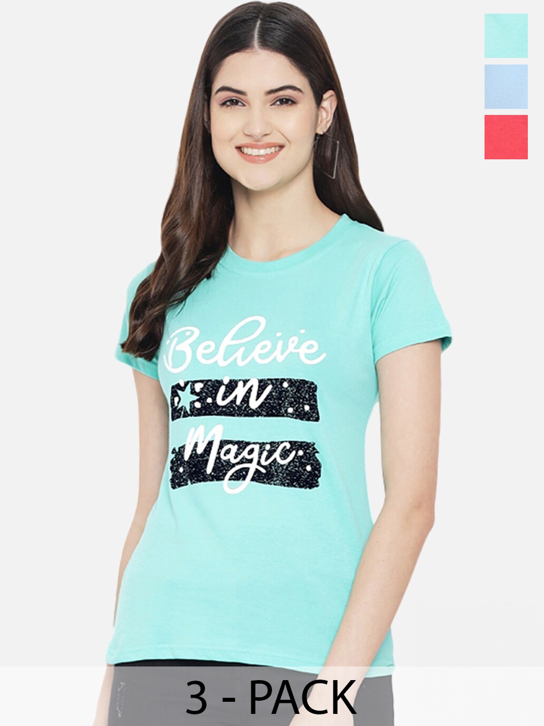 

Fabflee Pack Of 3 Typography Printed Cotton T-shirt, Blue