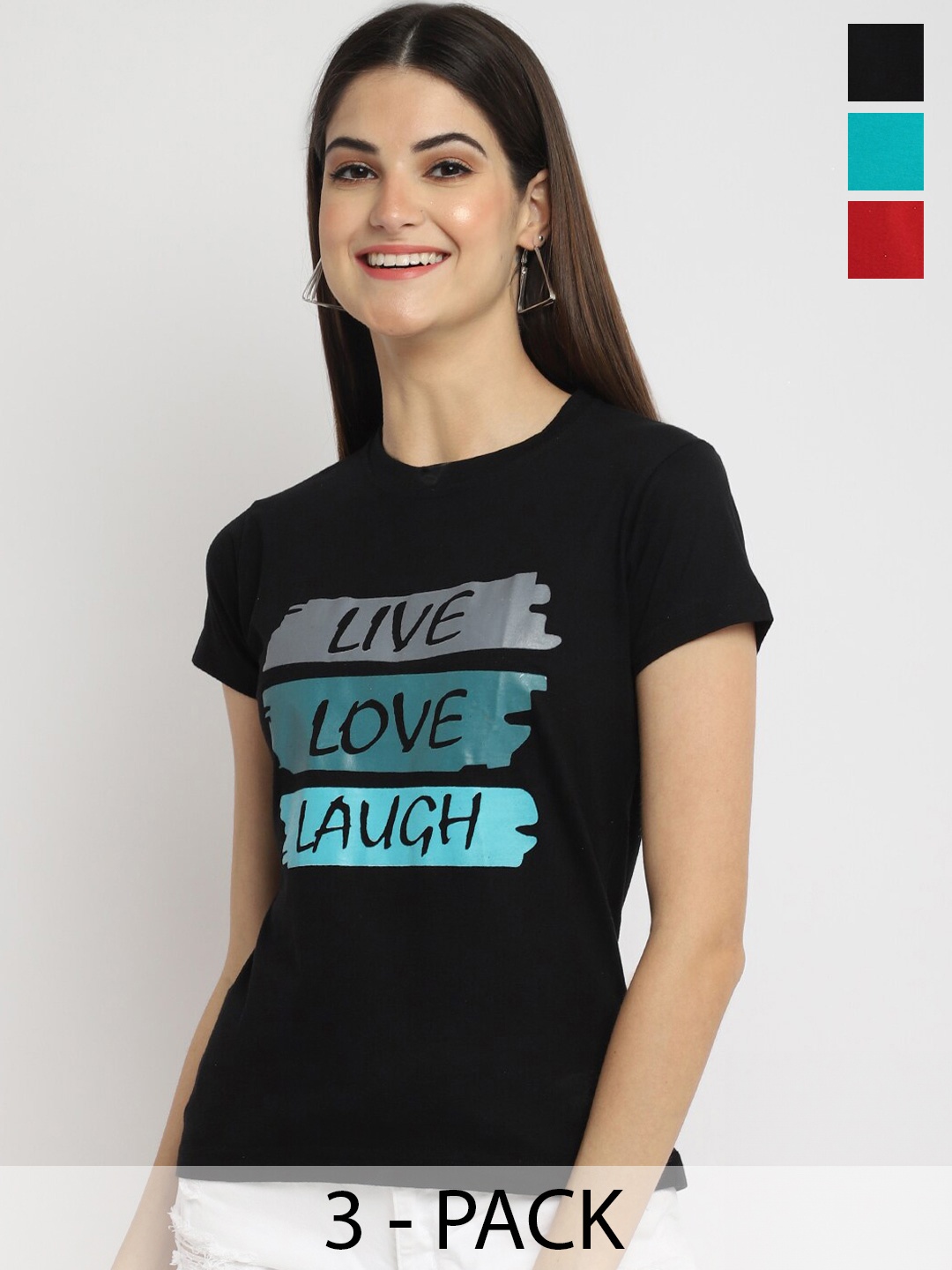 

Fabflee Pack Of 3 Typography Printed Cotton T-shirt, Black