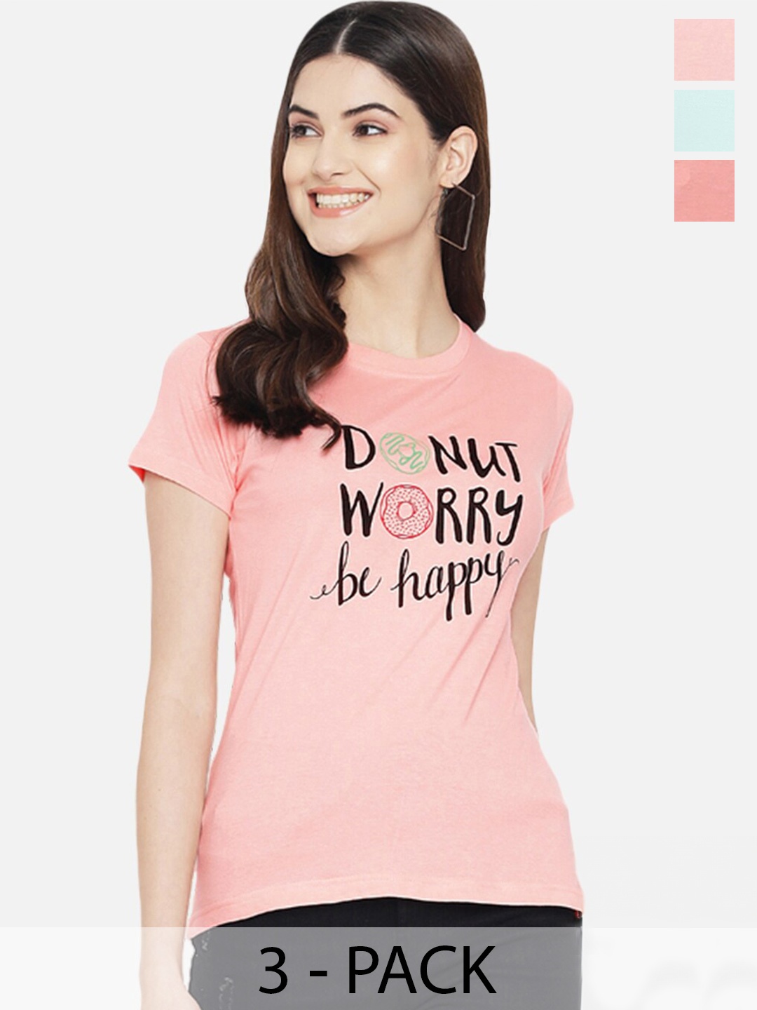 Fabflee Pack Of 3 Typography Printed Cotton T-shirt, Pink
