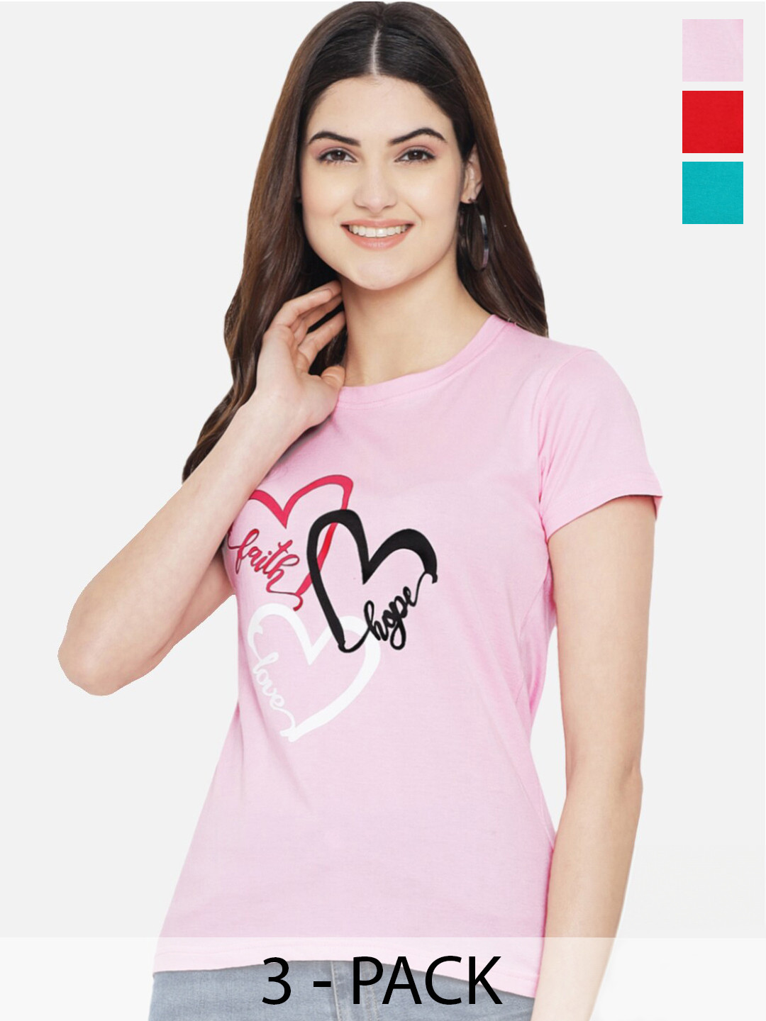 

Fabflee Pack Of 3 Typography Printed Cotton T-Shirt, Pink