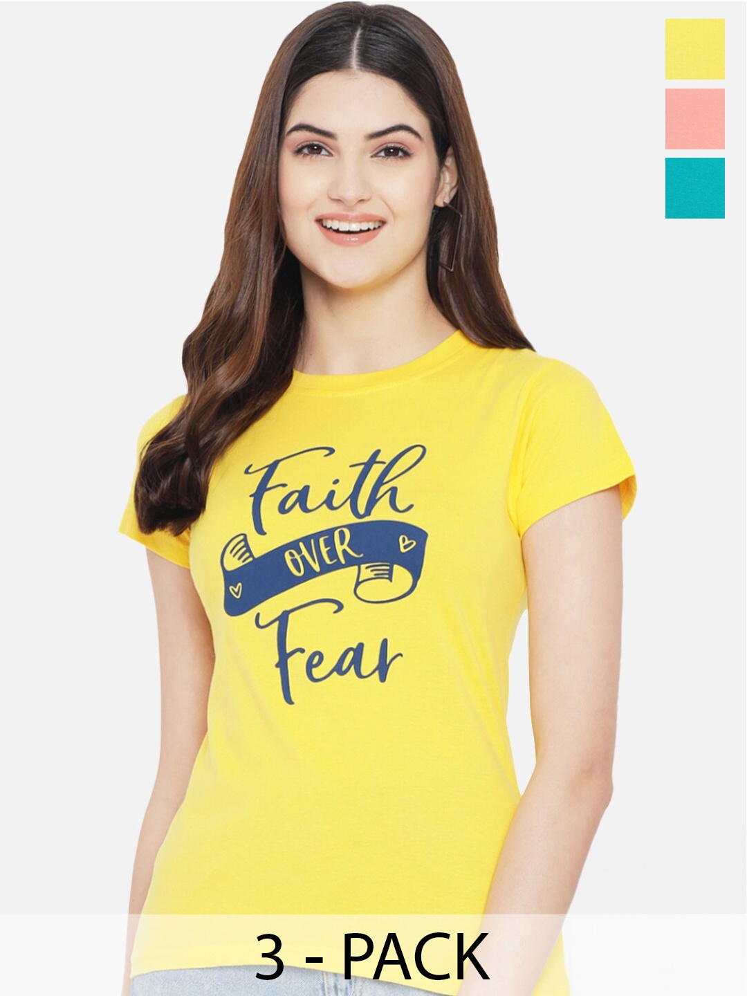 

Fabflee Pack Of 3 Printed Round Neck Cotton Regular T-shirt, Yellow