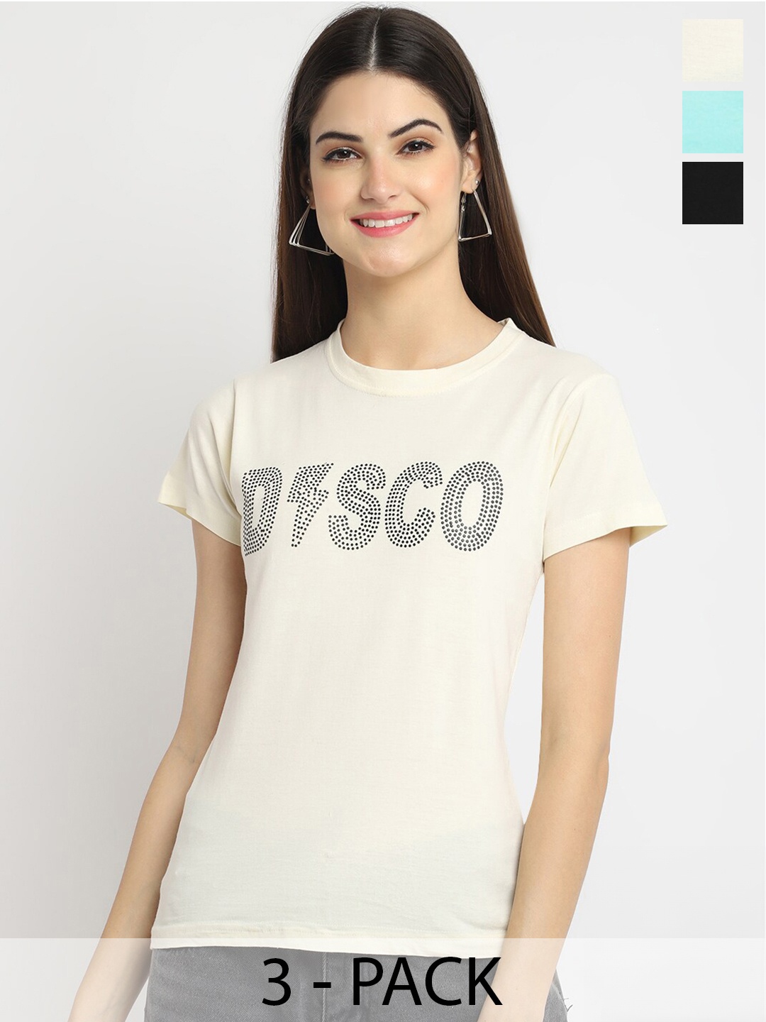 

Fabflee Pack Of 3 Typography Printed Cotton T-shirt, Cream
