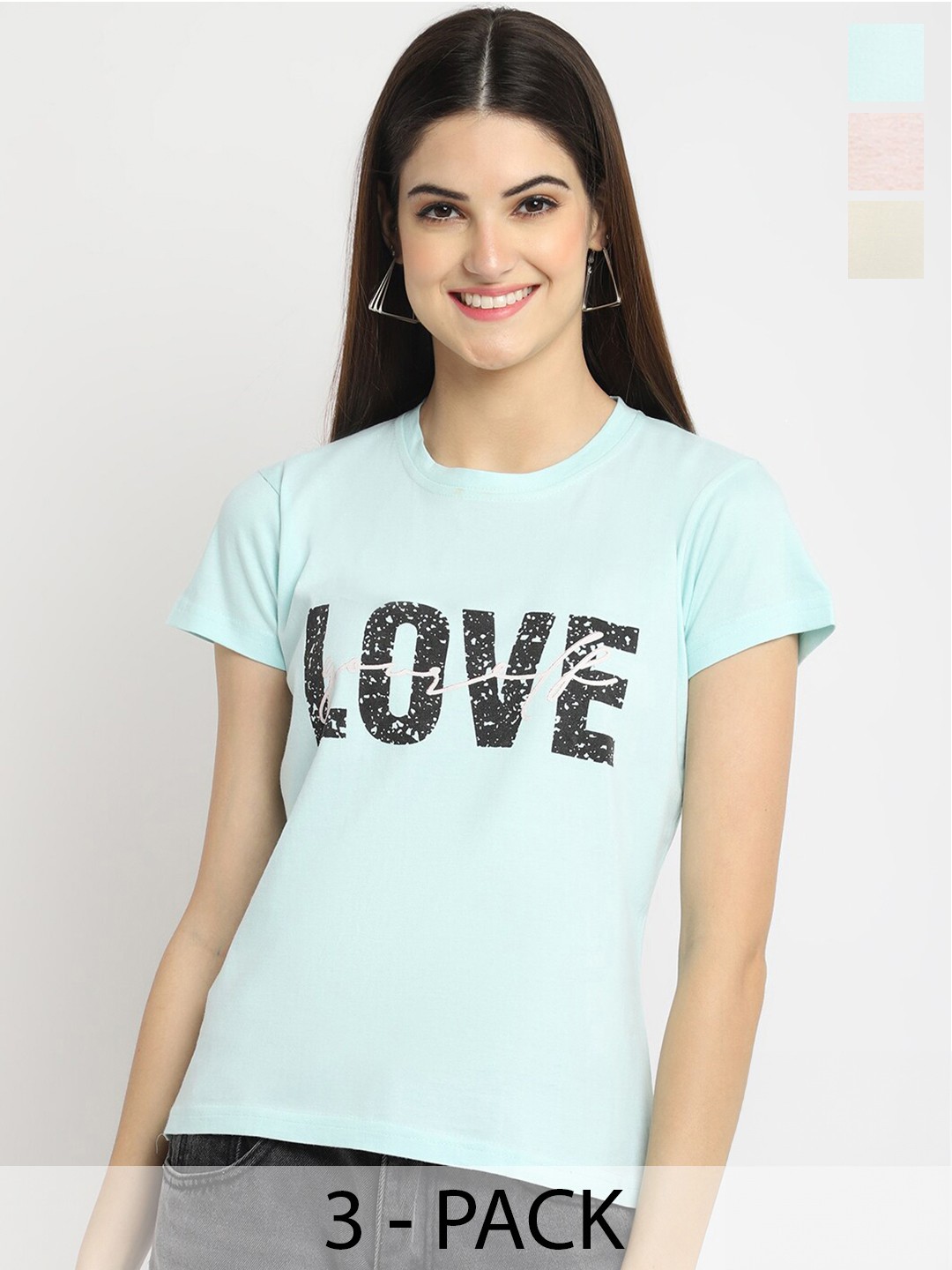 

Fabflee Pack Of 3 Typography Printed Cotton T-shirt, Turquoise blue