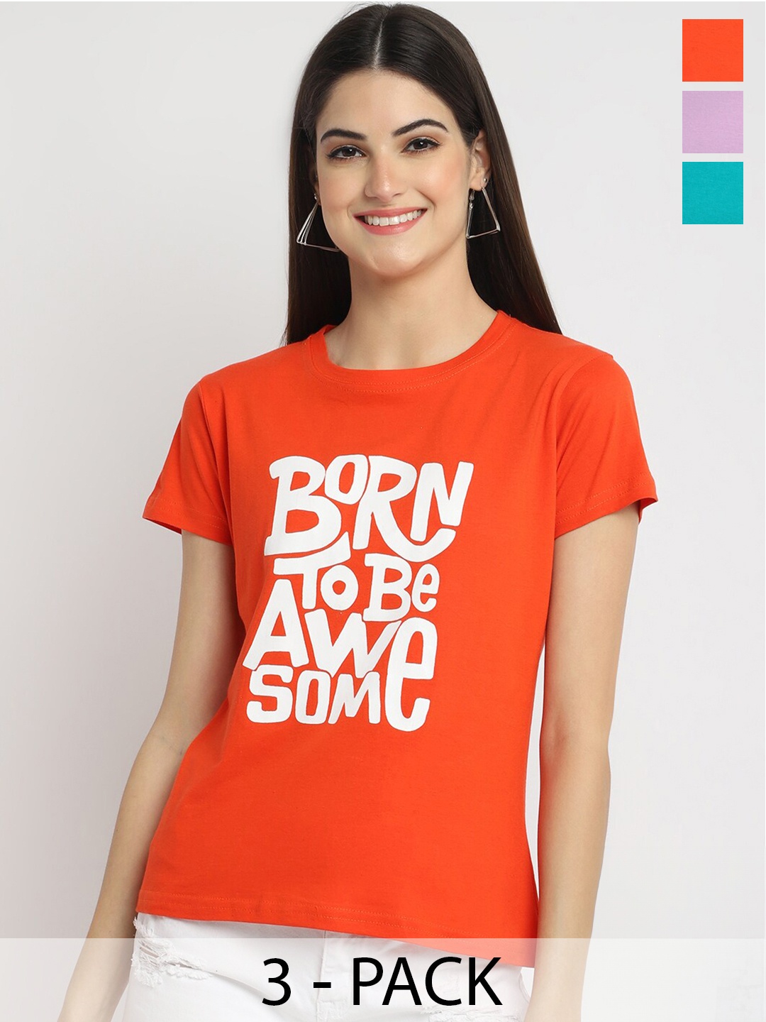 

Fabflee Pack Of 3 Typography Printed Cotton T-shirts, Orange