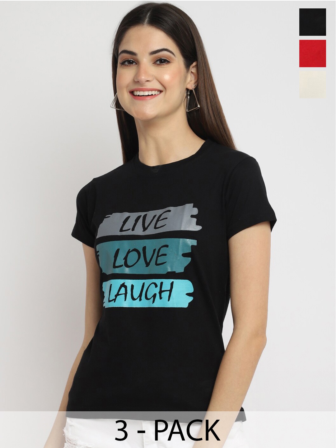 Fabflee Pack Of 3 Typography Printed Cotton T-shirt, Black